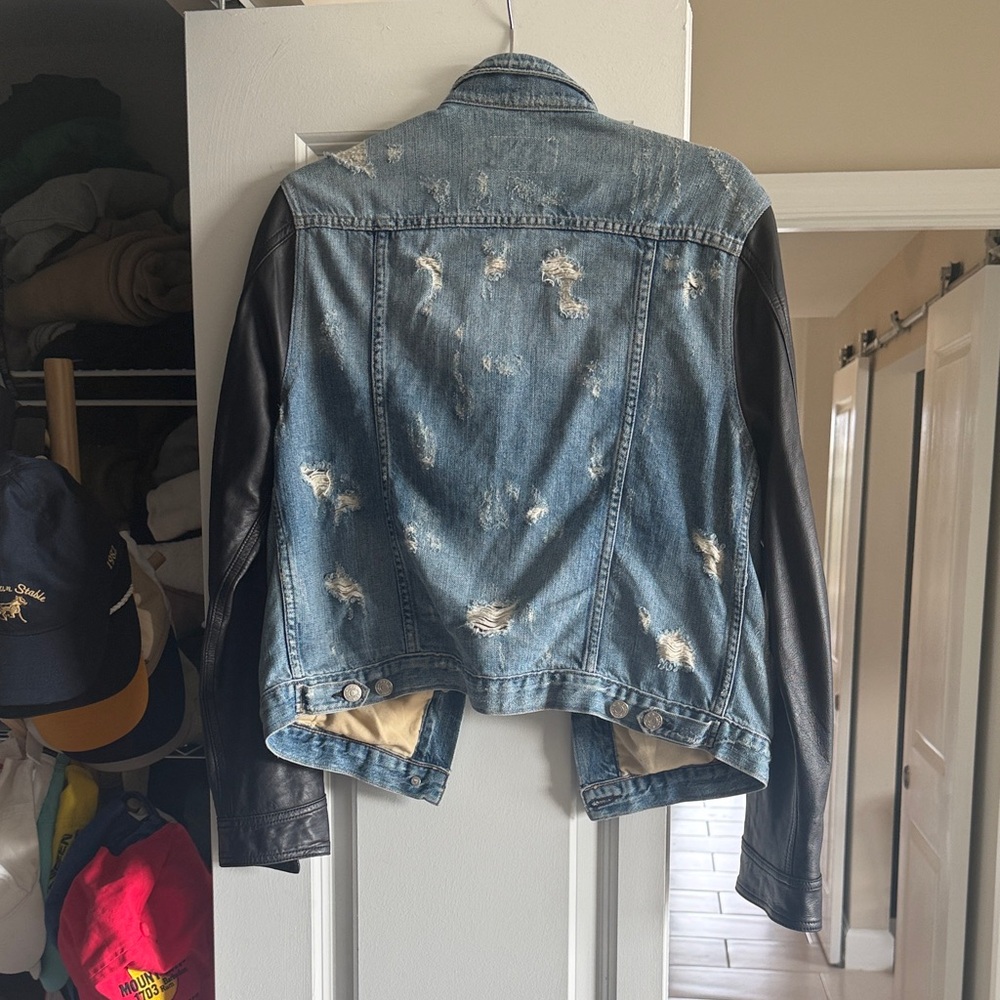 rag & bone Blue Denim Jacket with Black Leather Sleeves - Picture 2 of 2